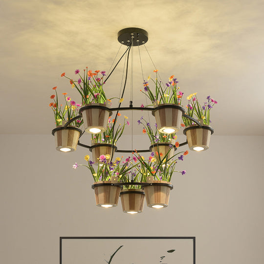 Industrial Wooden Ceiling Chandelier - Round Pendant With Potted Plant In Black 3/6/9 Lights