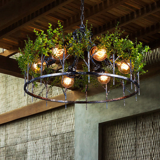 Industrial Style 6-Light Nickel Chandelier With Circular Iron Frame And Plant Design