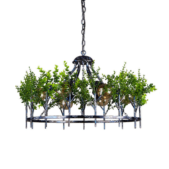 Industrial Style 6-Light Nickel Chandelier With Circular Iron Frame And Plant Design