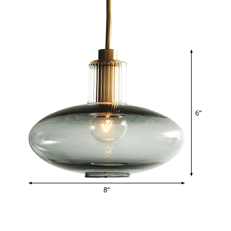 Mid Century Blue Glass Oval Hanging Light - Brass Accents Dining Room Pendant Lighting 1 Bulb
