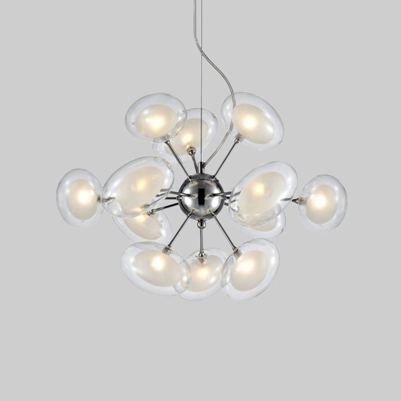 Modernist Burst Chandelier - Dual Oblate Glass 12-Light Chrome Suspension Lighting