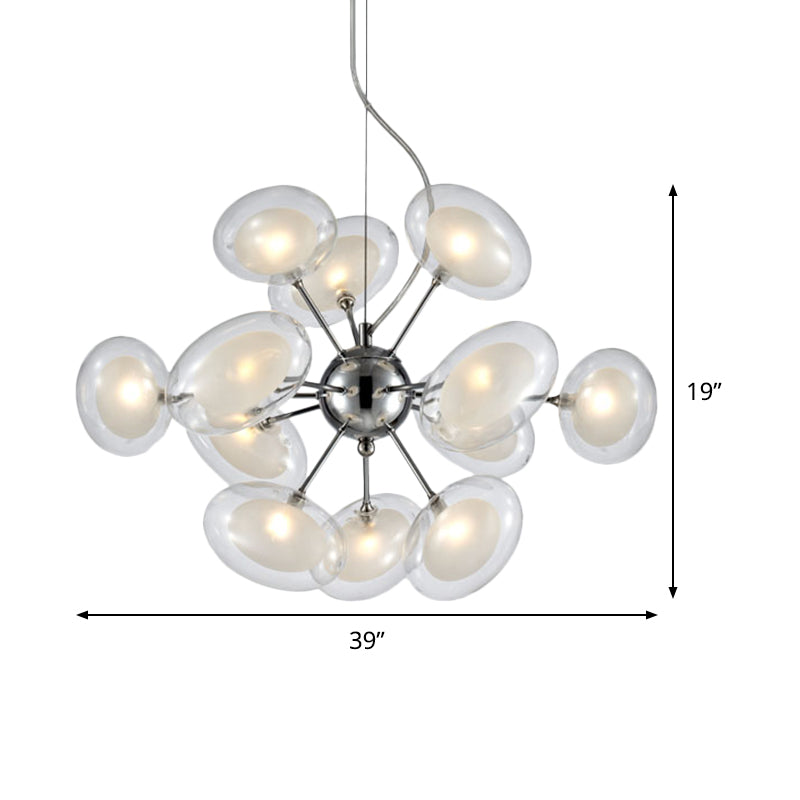 Modernist Burst Chandelier - Dual Oblate Glass 12-Light Chrome Suspension Lighting