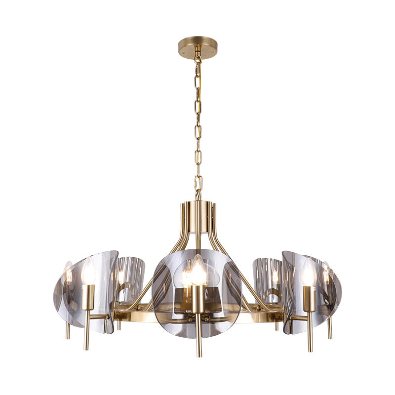 Mid-Century Curved Glass Chandelier Lamp - 6/8-Bulb Gold Hanging Light Fixture With Open Bulb Design