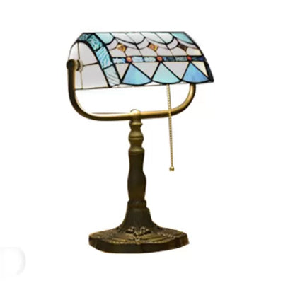 Stylish Blue/Orange Tiffany Table Lamp With Pull Chain & Rollover Shade