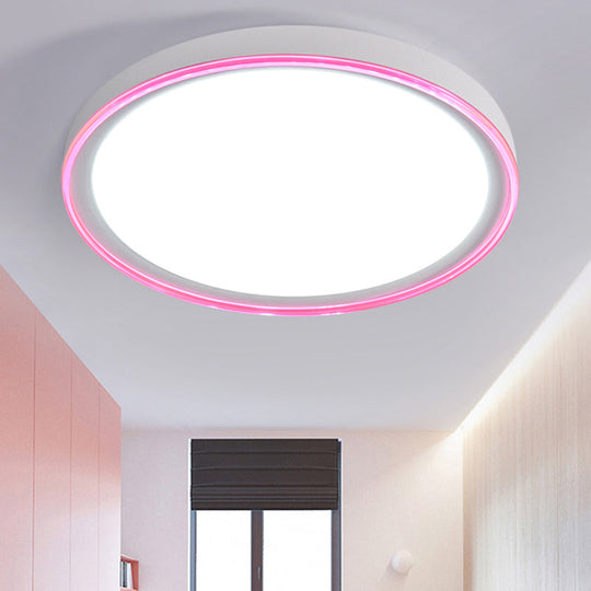 16/19.5 Nordic Metal Round Flush Light With Acrylic Shade - White/Pink/Yellow Led Ceiling Fixture