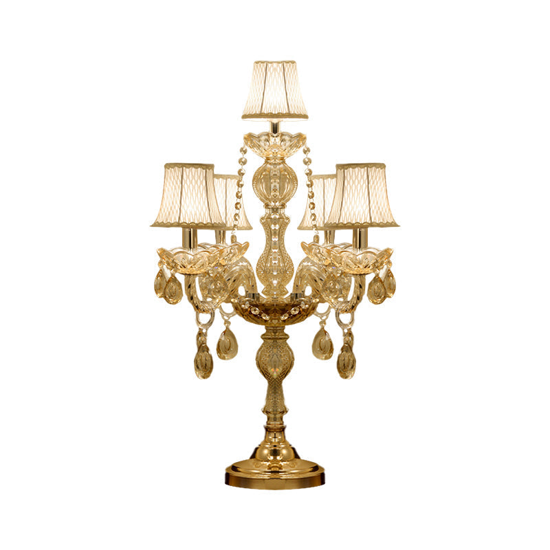 Traditional Gold Crystal Candelabra Table Lamp With White Bell Fabric Shade (5/6 Heads) Nightstand