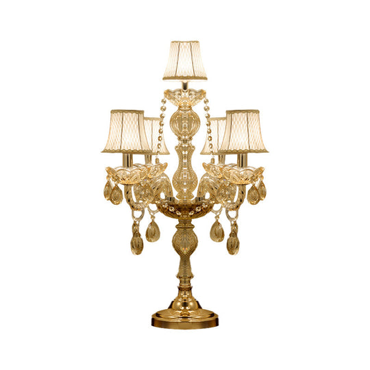 Traditional Gold Crystal Candelabra Table Lamp With White Bell Fabric Shade (5/6 Heads) Nightstand