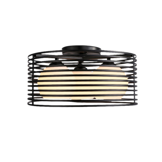 Nordic Metal 3 - Light Semi Flush Mount Lamp With Round Iron Cage For Bedroom Ceiling - Black/White