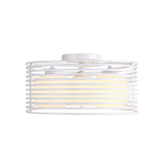 Nordic Metal 3 - Light Semi Flush Mount Lamp With Round Iron Cage For Bedroom Ceiling - Black/White