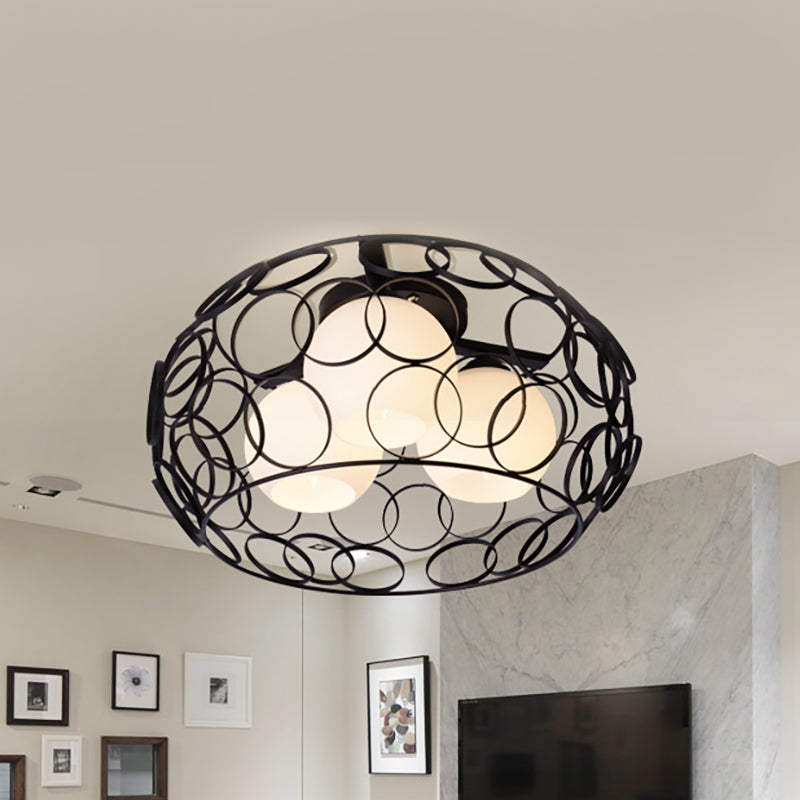 Nordic Drum Iron Cage Ceiling Light With Ball Glass Shade In White/Black Perfect For Dining Rooms