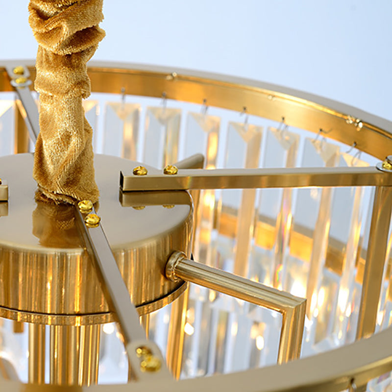 Contemporary Gold Metal Pendant Chandelier With Crystal Block - 3-Tier Round Design