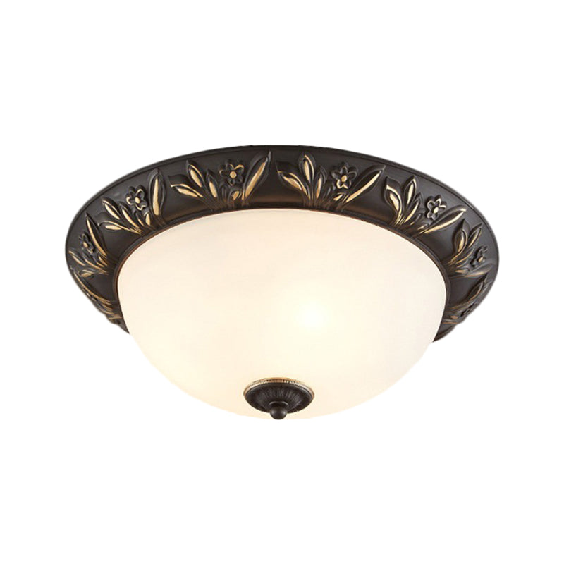 Frosted Glass Dome Flush Ceiling Lamp With Flower Edge Design In Brass/Black And Gold - Available