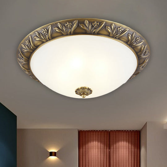 Frosted Glass Dome Flush Ceiling Lamp With Flower Edge Design In Brass/Black And Gold - Available