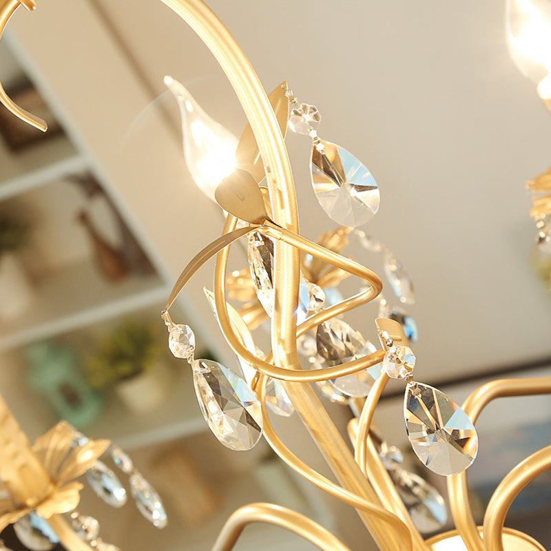 Modern Gold Finish 5/8-Light Metallic Chandelier Lamp With Crystal Deco And Curved Arm