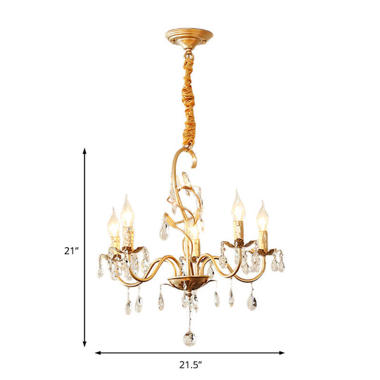 Modern Gold Finish 5/8-Light Metallic Chandelier Lamp With Crystal Deco And Curved Arm