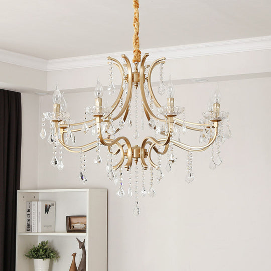 Modern Metal Flameless Candle Pendant Chandelier With Crystal Beads In Gold - 6/8 Heads Hanging