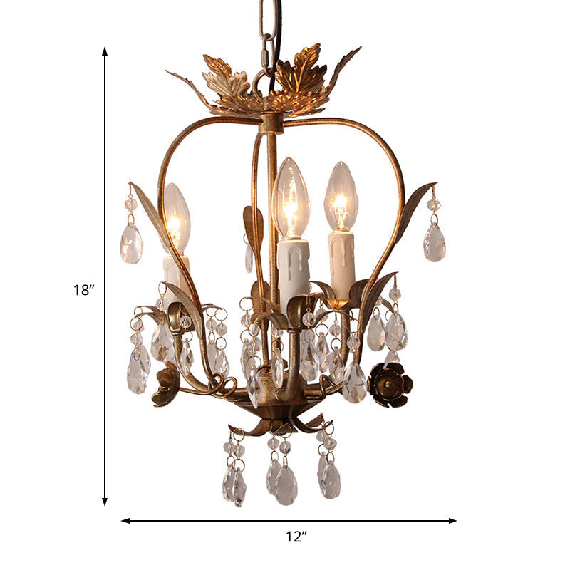 Country Style Caged Chandelier Light - Iron 3-Head Hanging Lamp With Crystal And Leaf Deco In Dark
