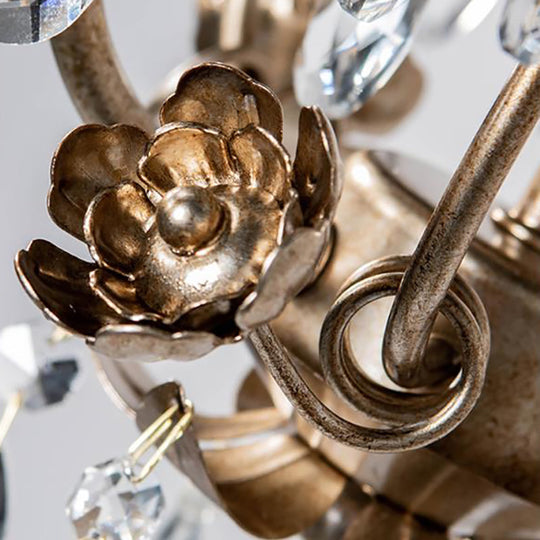 Country Style Caged Chandelier Light - Iron 3-Head Hanging Lamp With Crystal And Leaf Deco In Dark