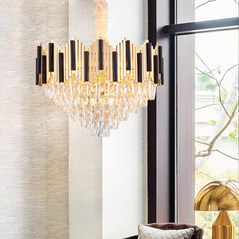 Contemporary Gold Multi Layer Ceiling Pendant Light With Crystal Prism - 6/10 Heads