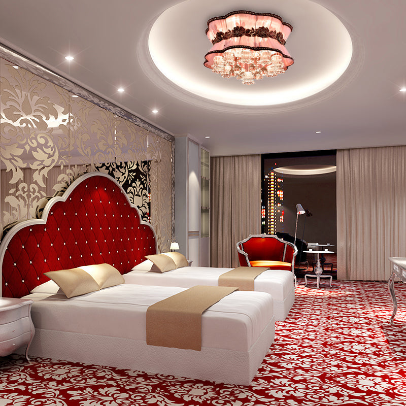 Modern Pink Flower Led Ceiling Mount Light With Crystal Deco Flush For Hotel