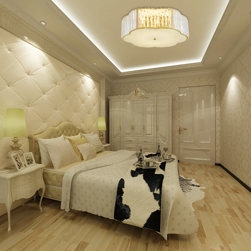 Golden Flower Flush Led Pendant Light With Modern Clear Crystal Design And Acrylic Diffuser -