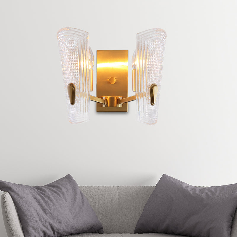 Modern Gold Rectangle Backplate Metal Wall Lamp With Prismatic Glass Shade - 1/2-Head Sconce Light