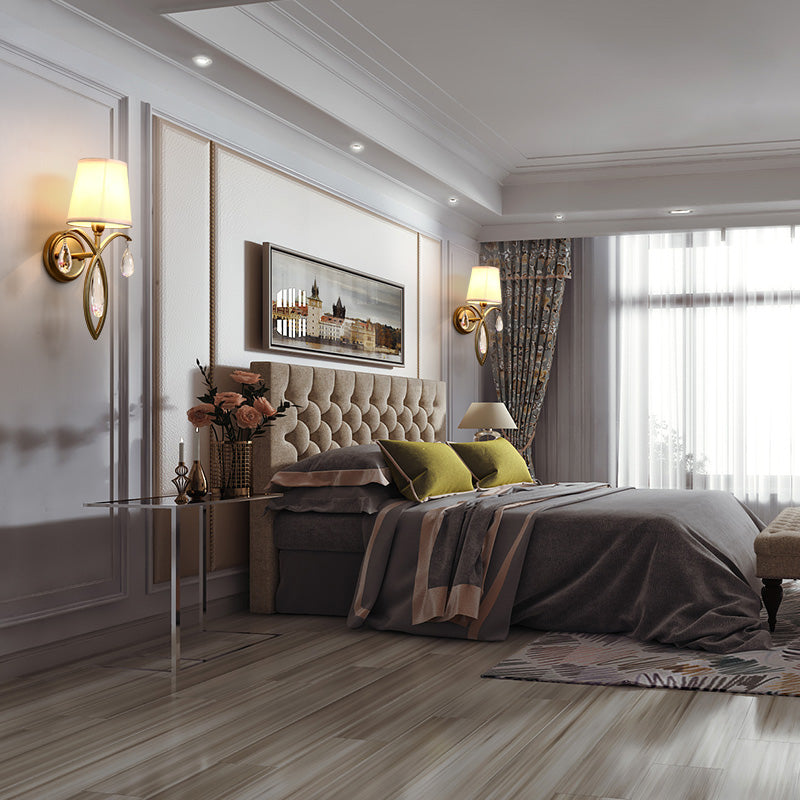 Modern 1-Light Conic Wall Lamp With Teardrop Crystal Deco In Brass - Stylish Fabric Sconce For