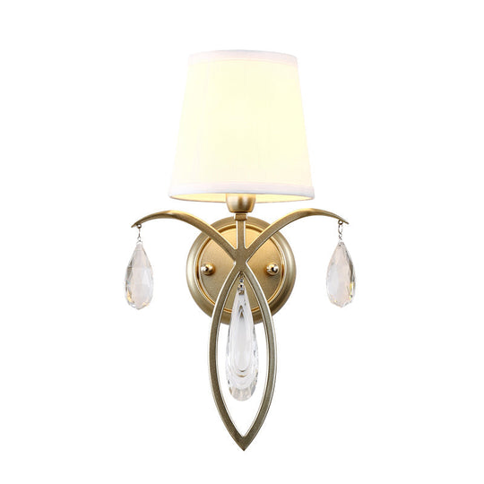 Modern 1-Light Conic Wall Lamp With Teardrop Crystal Deco In Brass - Stylish Fabric Sconce For