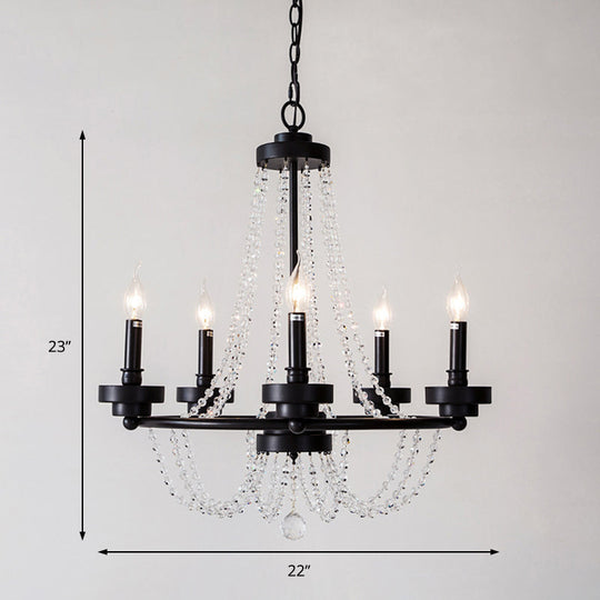 Modern Candle Chandelier - Metal Pendant Lamp With Crystal Beaded Strand (5/6 Lights) In Black