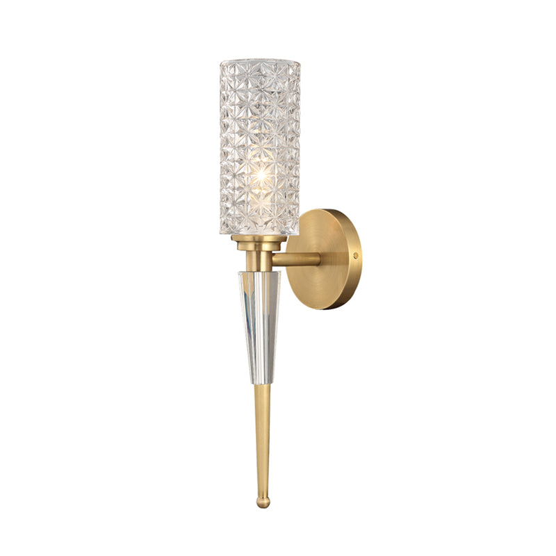 Contemporary Clear Crystal Wall Lamp With Gold Cylinder/Tapered Shade - 1 Light Sconce Fixture