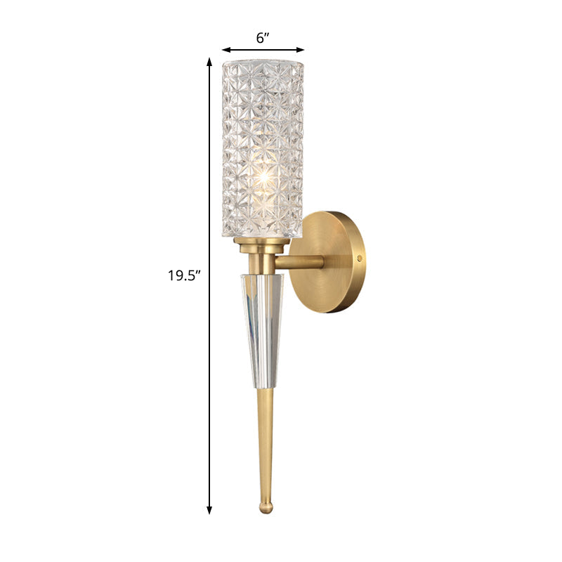 Contemporary Clear Crystal Wall Lamp With Gold Cylinder/Tapered Shade - 1 Light Sconce Fixture