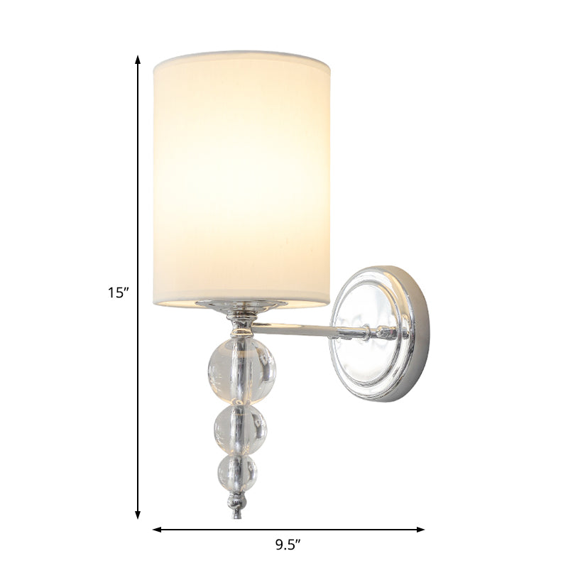 Modern Fabric And Metal Wall Lamp With Clear Crystal Ball Deco In Chrome - 1 Head Cylinder Shade