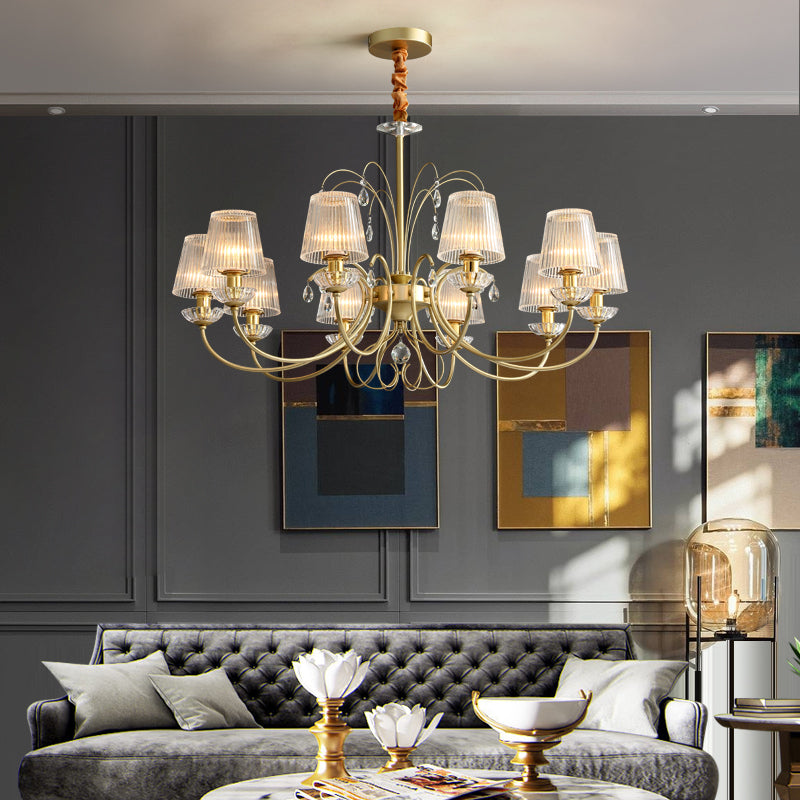 Modern Gold Ribbed Glass Cone Chandelier With 6/8/10 Lights - Elegant Hanging Ceiling Light For