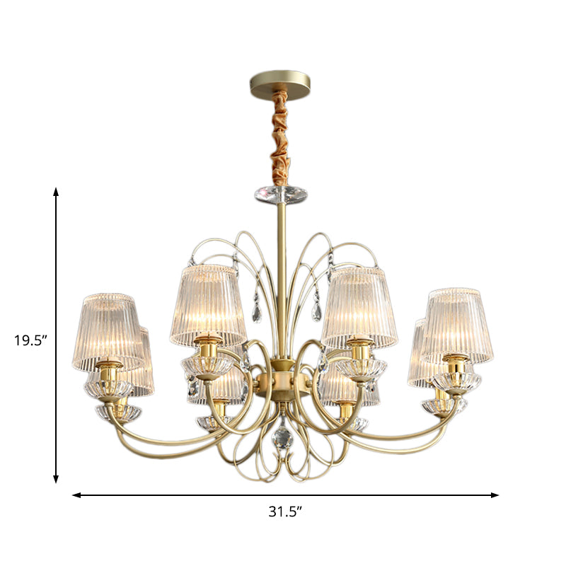 Modern Gold Ribbed Glass Cone Chandelier With 6/8/10 Lights - Elegant Hanging Ceiling Light For