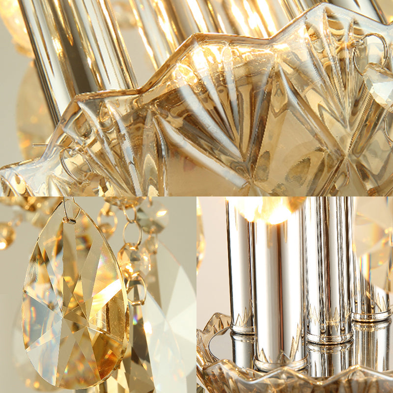 Vintage Style Crystal Teardrop Pendant Light With Amber Glass Shade - 4-Light Ceiling Fixture