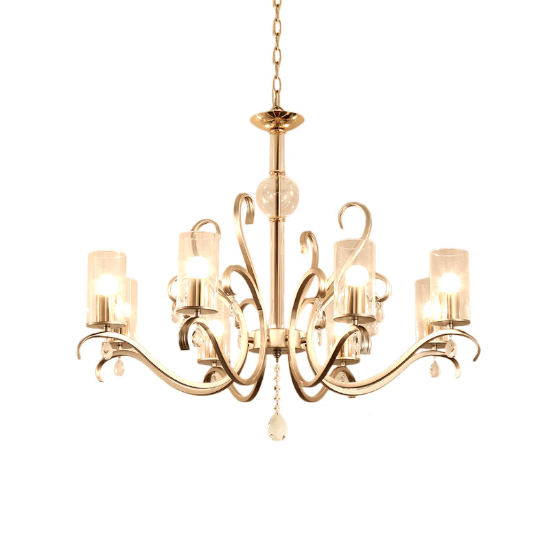 Vintage-Style Cylindrical Chandelier Light With Clear Glass - 6/8 Lights & Crystal Drop Champagne