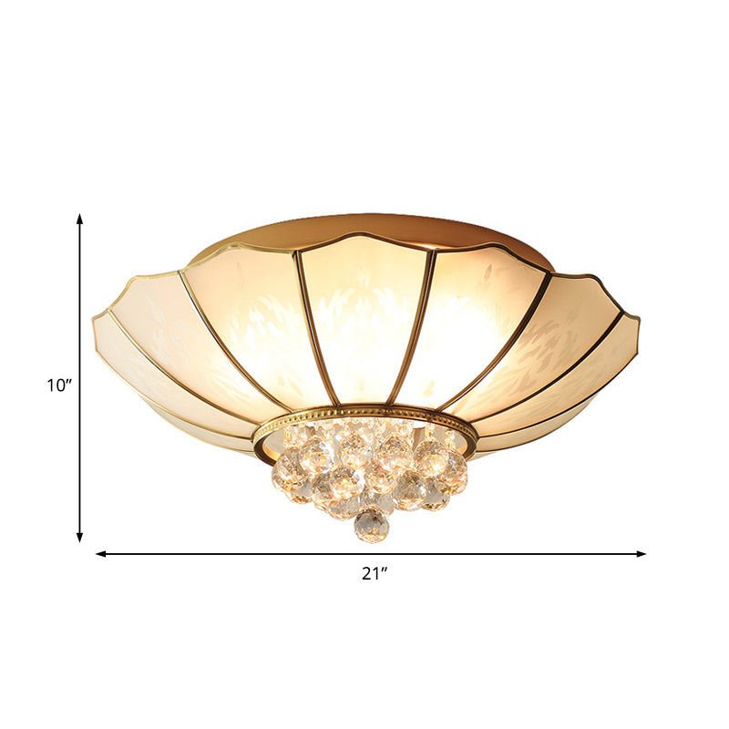10’/13’ W Scalloped Flush Lamp Vintage White Glass Ceiling Light With Crystal Ball Deco -