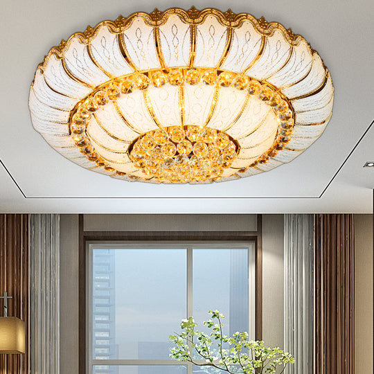 Modern Gold Flush Mount Ceiling Light With K9 Crystal Accents - 10/19-Lights Glass Shade