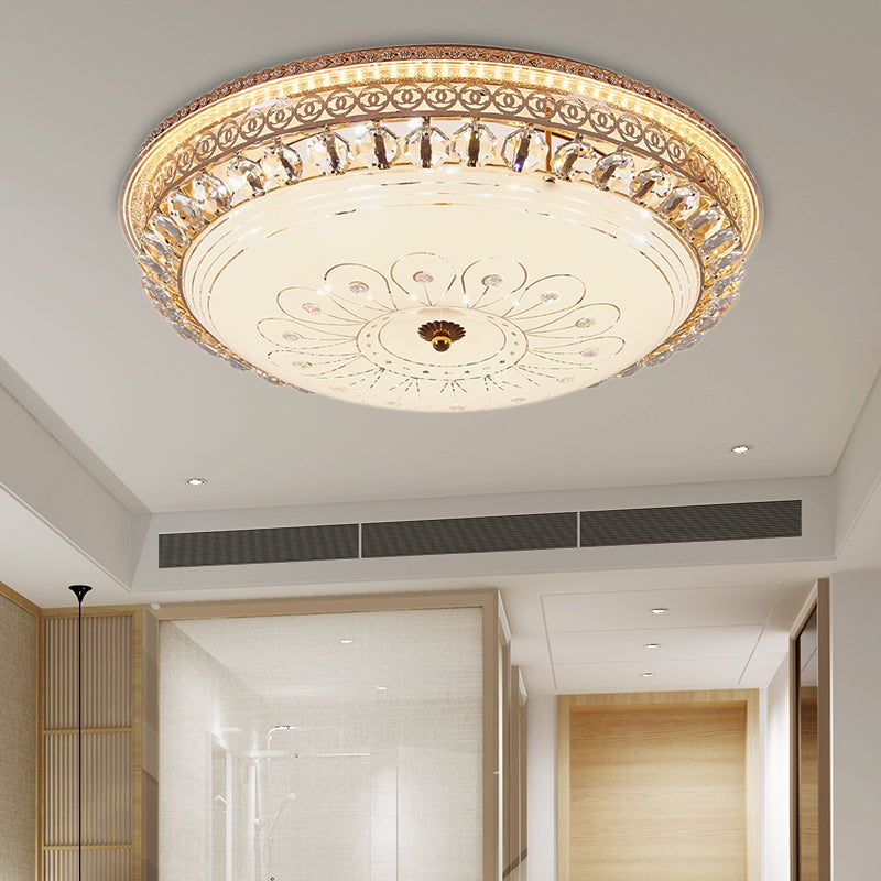 Modern Gold Flush Mount Ceiling Light With Opal Glass Led And Crystal Accent - 16’/19.5’ W