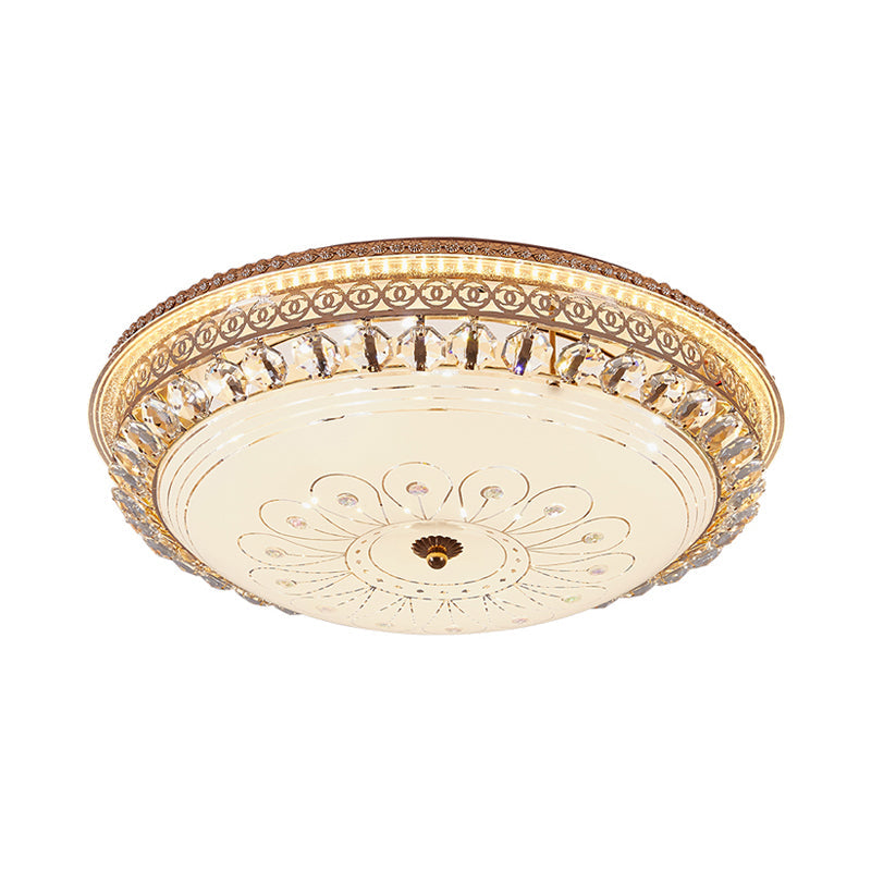 Modern Gold Flush Mount Ceiling Light With Opal Glass Led And Crystal Accent - 16’/19.5’ W