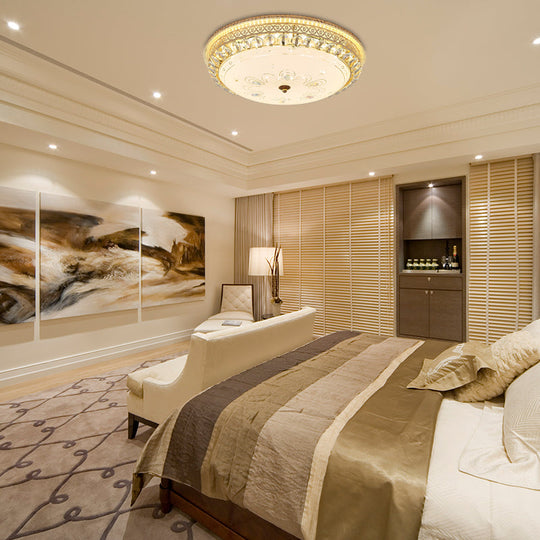 Modern Gold Flush Mount Ceiling Light With Opal Glass Led And Crystal Accent - 16’/19.5’ W