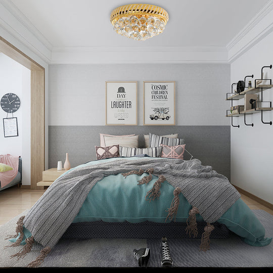 Modern Gold Flush Mount Chandelier With Crystal Ball & Round Shade - 14’/18’ W 3/4/5 Heads