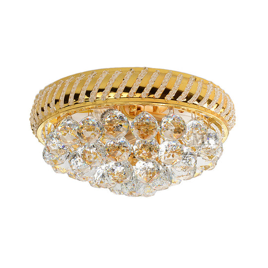 Modern Gold Flush Mount Chandelier With Crystal Ball & Round Shade - 14/18 W 3/4/5 Heads