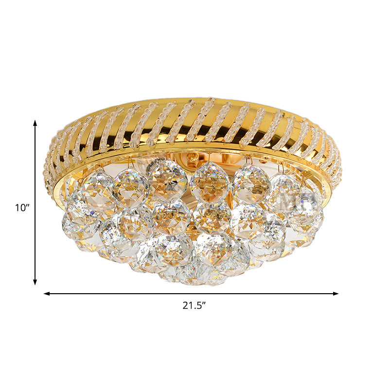 Modern Gold Flush Mount Chandelier With Crystal Ball & Round Shade - 14’/18’ W 3/4/5 Heads