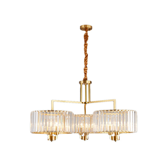 Contemporary Gold Drum Chandelier With Clear Crystal - 3/6/9 Head Suspension Light For Living Room