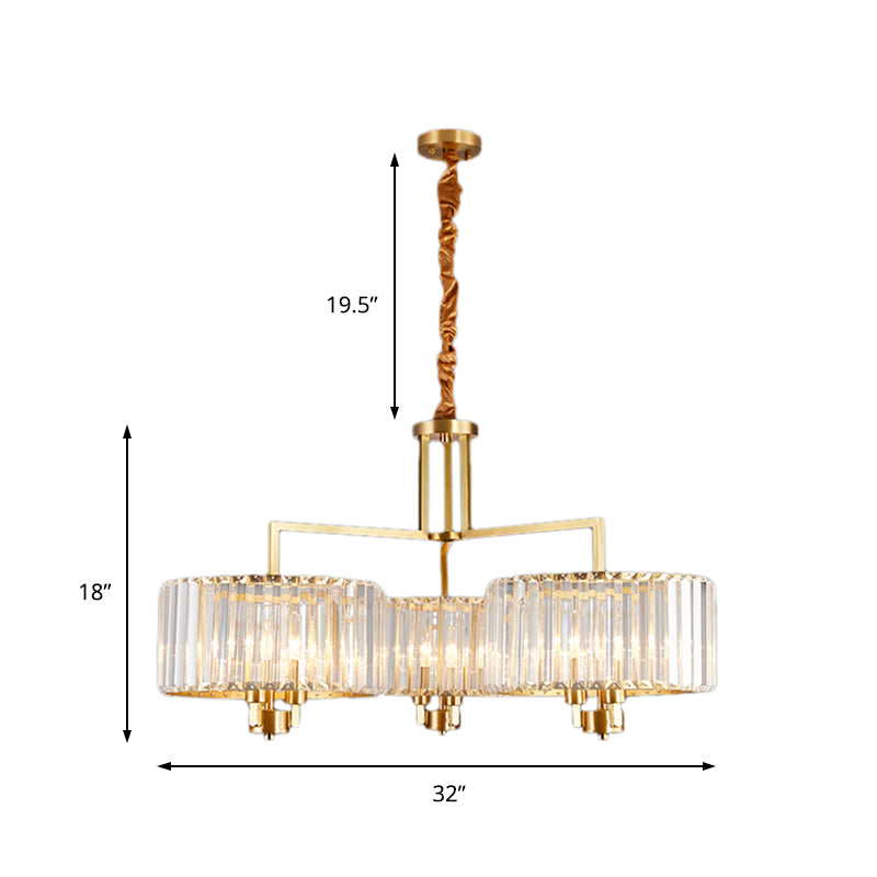 Contemporary Gold Drum Chandelier With Clear Crystal - 3/6/9 Head Suspension Light For Living Room