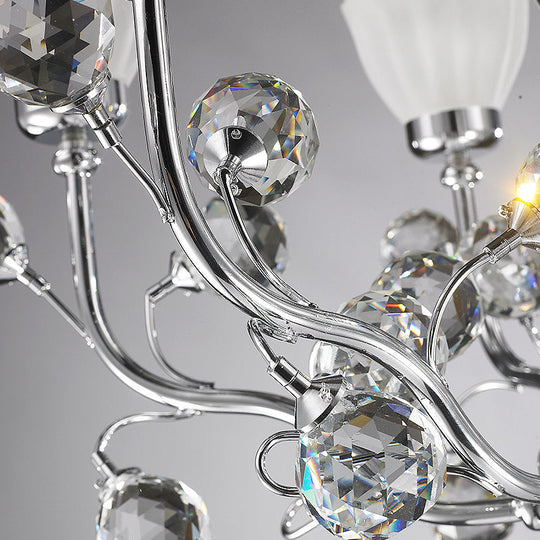 Modernist Frosted Glass 6-Light Conic Chandelier With Crystal Ball Pendant In Polished Chrome