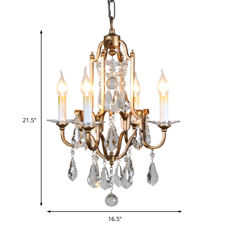 French Country Candle Chandelier With Crystal Drops - 4-Light Brass Pendant Fixture For Hallway