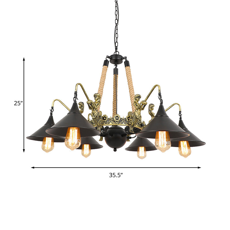 Industrial Bell Chandelier - Metal And Rope Suspension Light With Mermaid Deco Black (6/8 Bulbs)