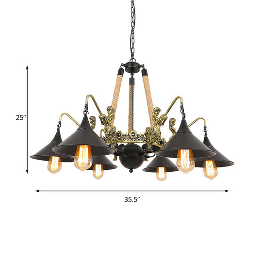Industrial Bell Chandelier - Metal And Rope Suspension Light With Mermaid Deco Black (6/8 Bulbs)